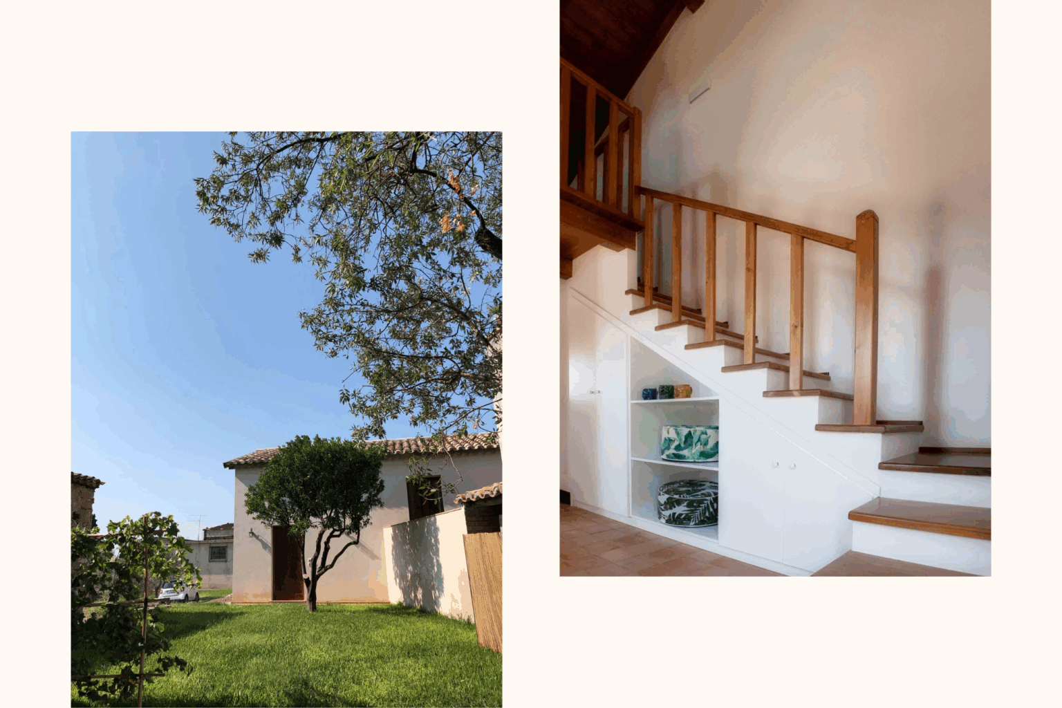due foto, una mostra il giardino esterno della casa del mandarino, con all'interno un mandarino, mentre l'altra foto mostra le scale interne sempre della stessa casa