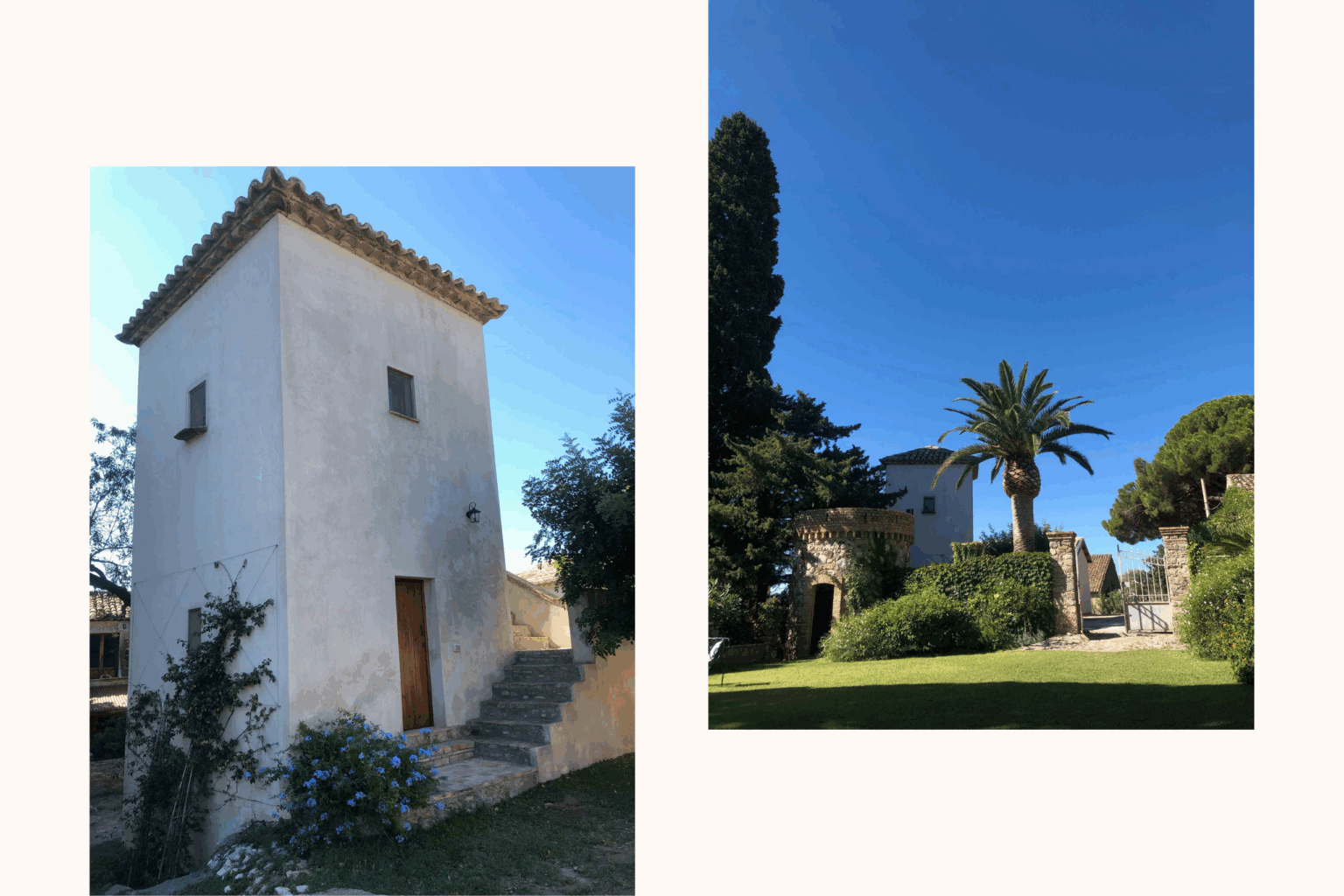 le due foto mostrano, una l'esterno della casa del carrubo di borgo carbone, mentre l'altra mostra sempre la stessa casa ma lontana da dentro il giardino della tenuta candida